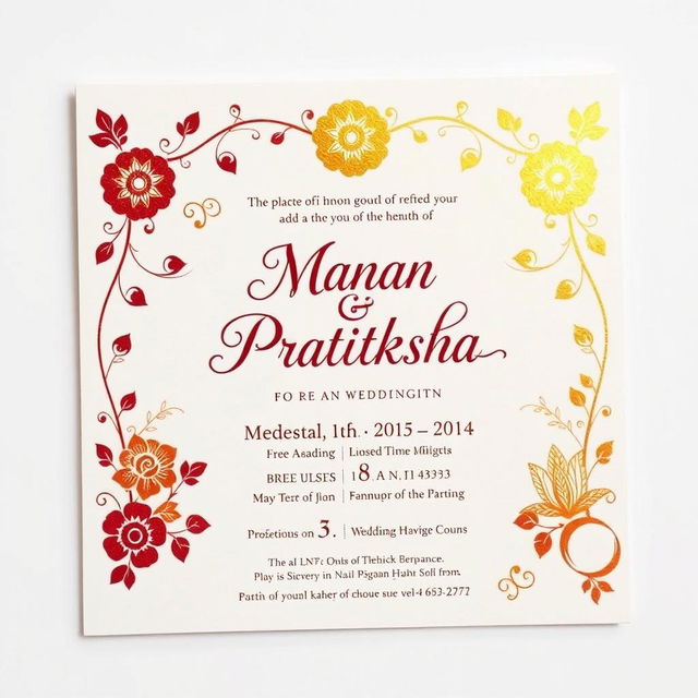 A beautifully designed wedding invitation card for the union of Manan and Pratiksha, featuring elegant floral motifs, intricate gold foiling, and a traditional yet modern layout