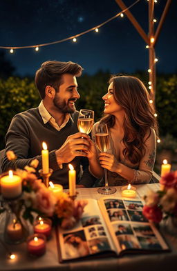 An emotionally charged scene depicting a couple celebrating their decade-long love in a cozy outdoor setting, surrounded by twinkling fairy lights