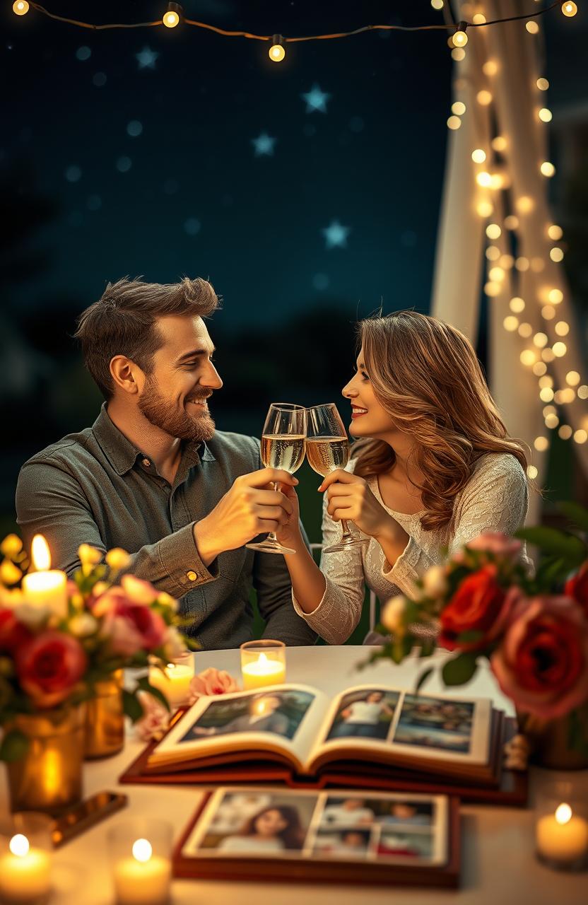 An emotionally charged scene depicting a couple celebrating their decade-long love in a cozy outdoor setting, surrounded by twinkling fairy lights