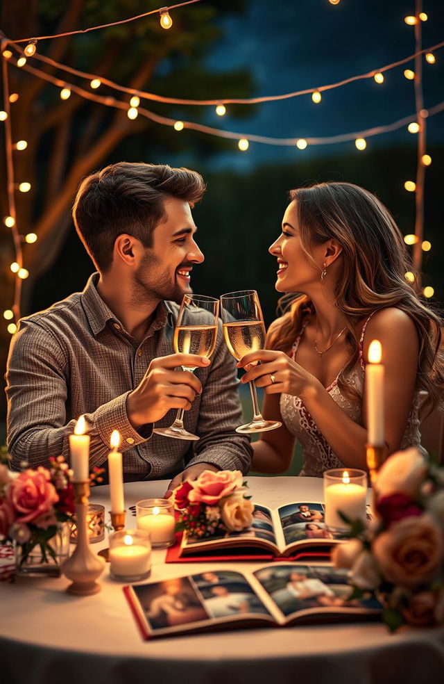 An emotionally charged scene depicting a couple celebrating their decade-long love in a cozy outdoor setting, surrounded by twinkling fairy lights