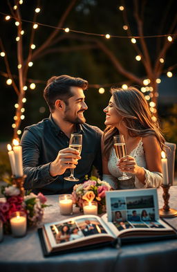 An emotionally charged scene depicting a couple celebrating their decade-long love in a cozy outdoor setting, surrounded by twinkling fairy lights