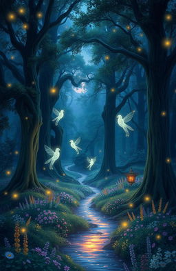 A dreamy scene depicting a mystical forest at twilight, filled with softly glowing lights resembling fireflies