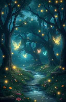 A dreamy scene depicting a mystical forest at twilight, filled with softly glowing lights resembling fireflies