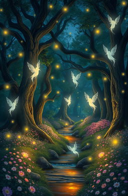 A dreamy scene depicting a mystical forest at twilight, filled with softly glowing lights resembling fireflies