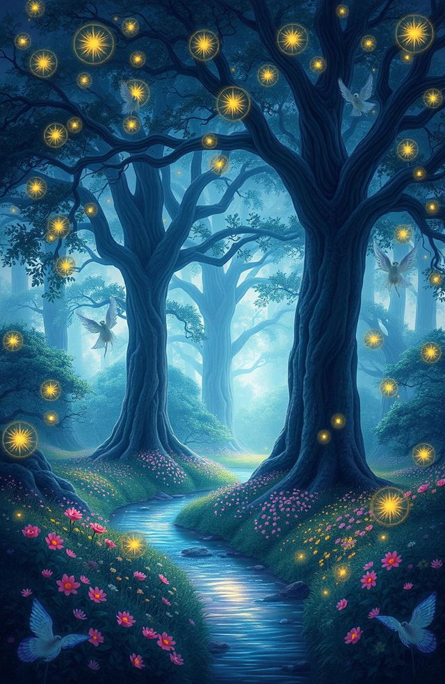 A dreamy scene depicting a mystical forest at twilight, filled with softly glowing lights resembling fireflies