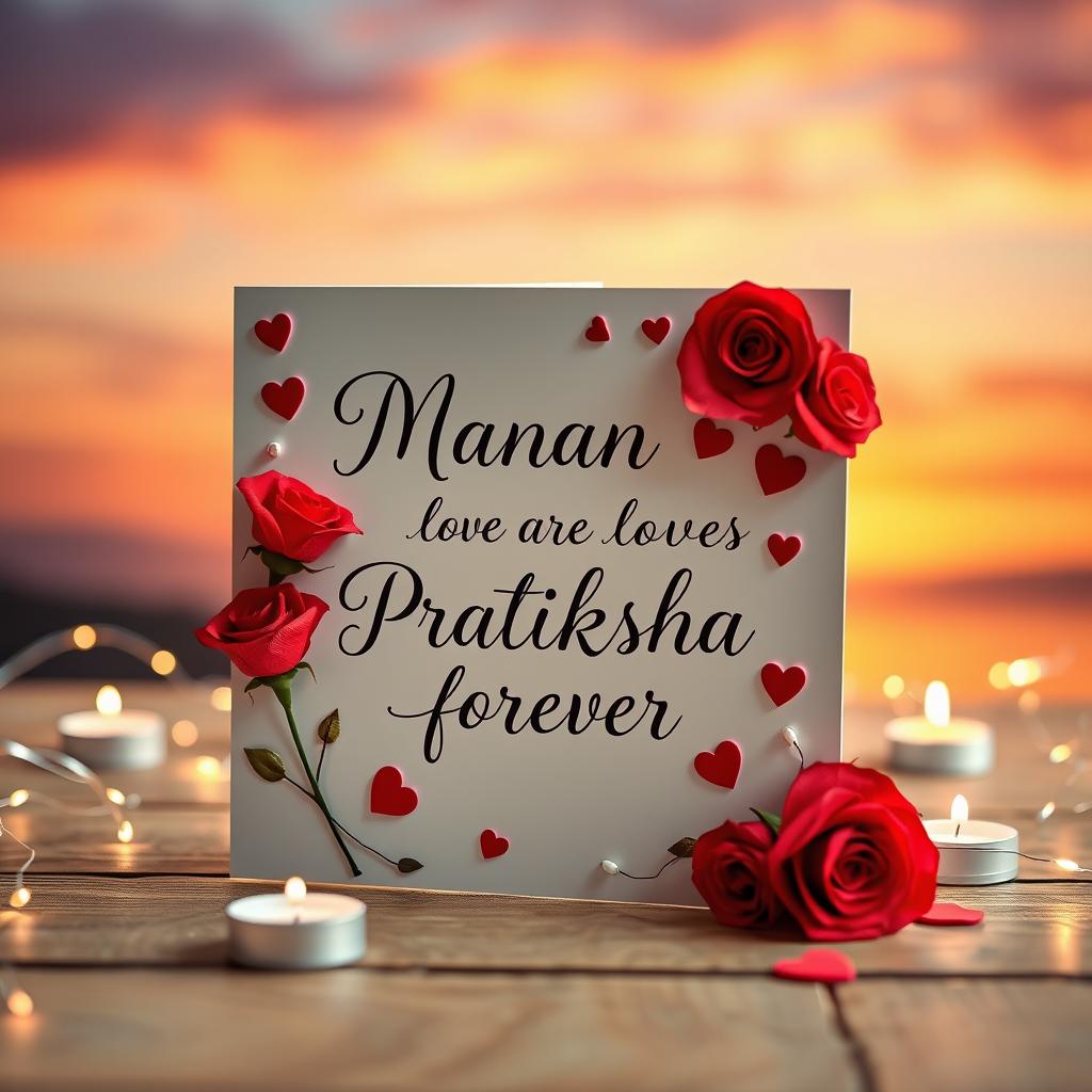 A beautifully designed greeting card featuring the heartfelt message "Manan loves Pratiksha forever" in elegant calligraphy