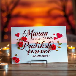 A beautifully designed greeting card featuring the heartfelt message "Manan loves Pratiksha forever" in elegant calligraphy