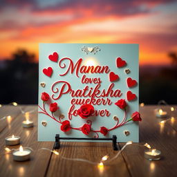 A beautifully designed greeting card featuring the heartfelt message "Manan loves Pratiksha forever" in elegant calligraphy