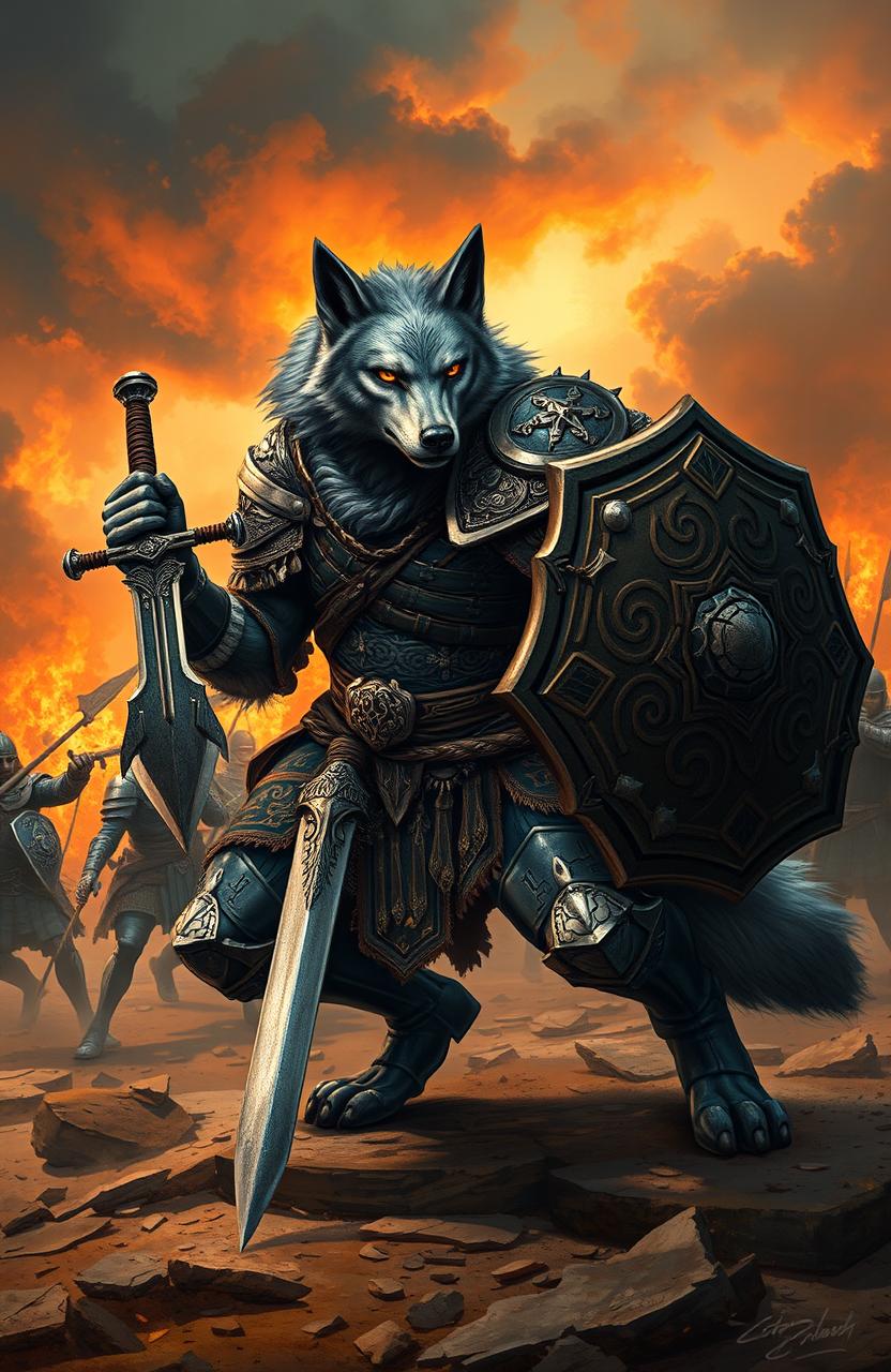 A bipedal wolf warrior standing in a dynamic battle stance, clad in intricate armor that combines medieval and tribal elements