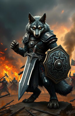 A bipedal wolf warrior standing in a dynamic battle stance, clad in intricate armor that combines medieval and tribal elements