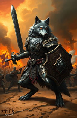 A bipedal wolf warrior standing in a dynamic battle stance, clad in intricate armor that combines medieval and tribal elements