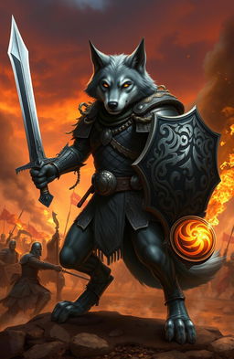 A bipedal wolf warrior standing in a dynamic battle stance, clad in intricate armor that combines medieval and tribal elements