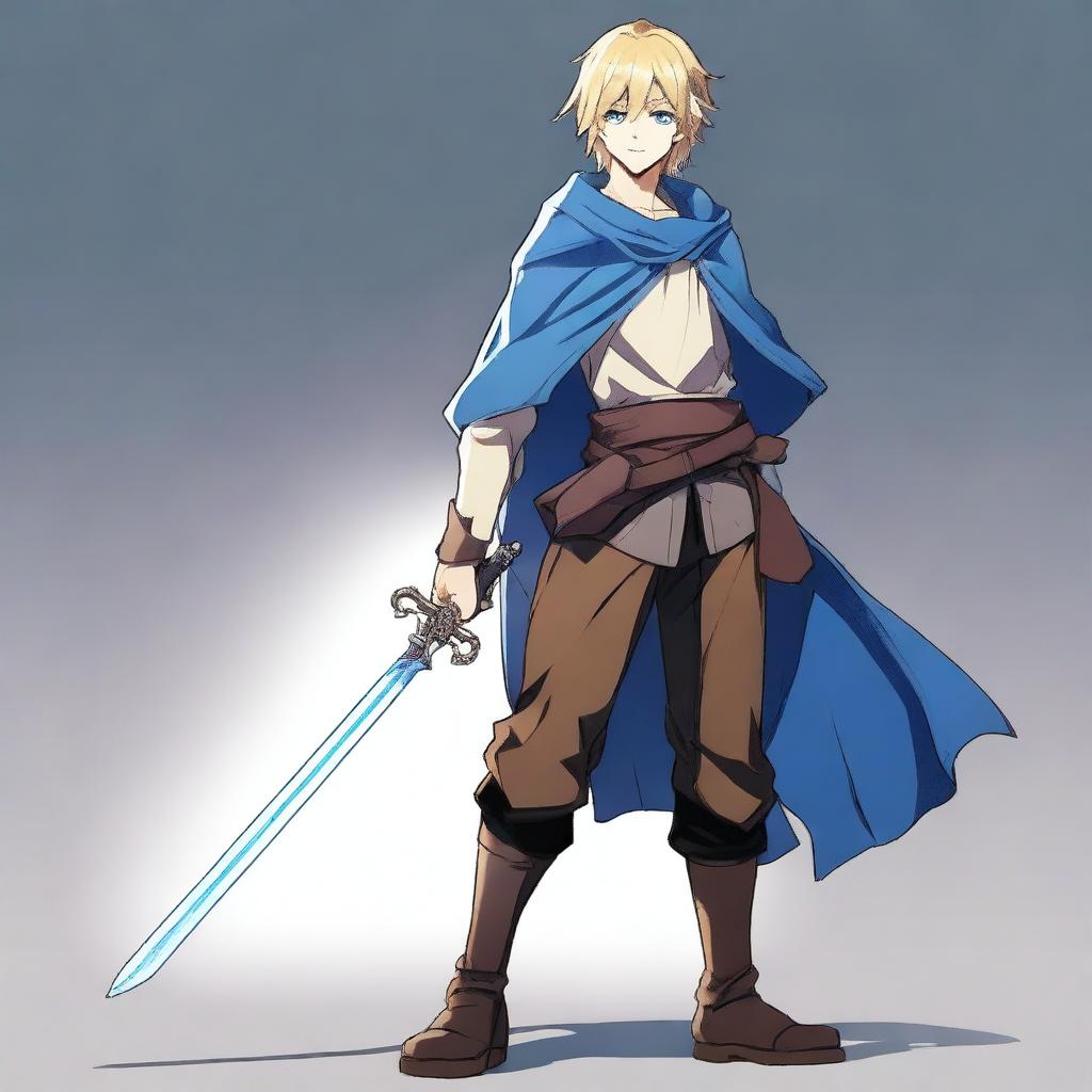 A high-resolution, full-body anime-style digital art image depicts a tall, slim, and strong teenage male with blond hair and bright blue eyes