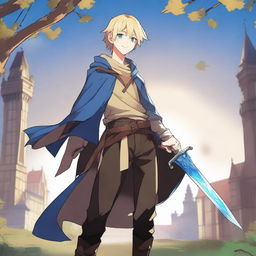 A high-resolution, full-body anime-style digital art image depicts a tall, slim, and strong teenage male with blond hair and bright blue eyes