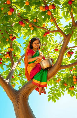 A whimsical scene of a woman cooking kheer, an Indian sweet rice pudding, while perched on a sturdy branch of a lush green tree