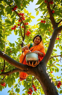 A whimsical scene of a woman cooking kheer, an Indian sweet rice pudding, while perched on a sturdy branch of a lush green tree
