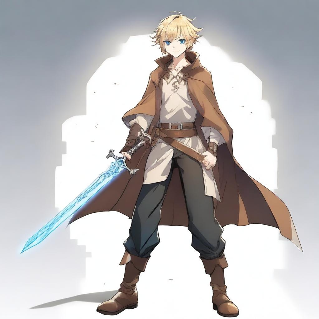 A high-resolution, full-body anime-style digital art image depicts a tall, slim, and strong teenage male with blond hair and bright blue eyes