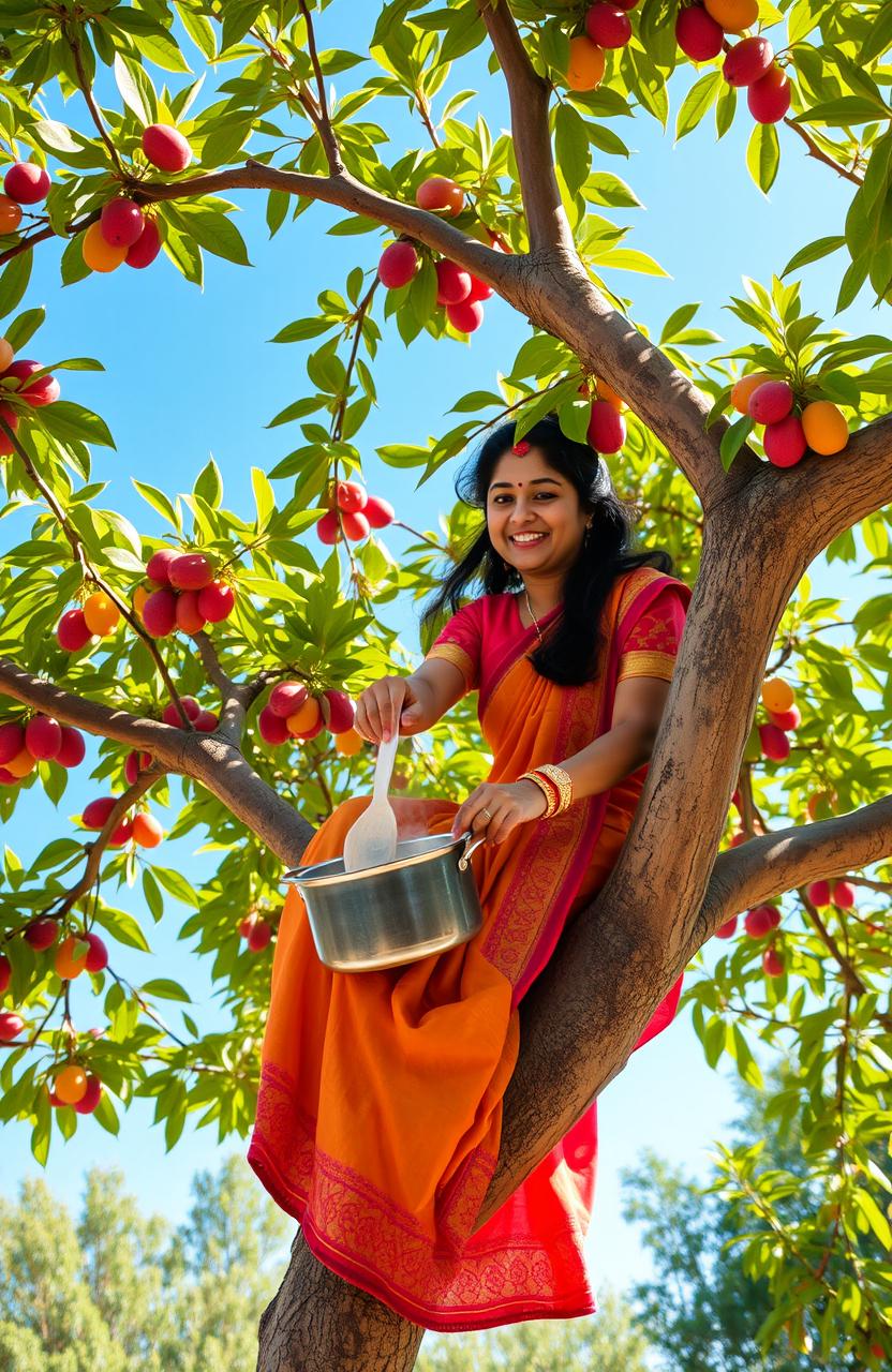 A whimsical scene of a woman cooking kheer, an Indian sweet rice pudding, while perched on a sturdy branch of a lush green tree