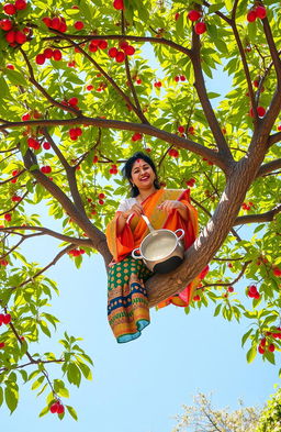 A whimsical scene of a woman cooking kheer, an Indian sweet rice pudding, while perched on a sturdy branch of a lush green tree