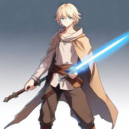 A high-resolution, full-body anime-style digital art image depicts a tall, slim, and strong teenage male with blond hair and bright blue eyes