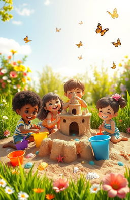 A whimsical scene of children building sandcastles in a vibrant, sunny garden
