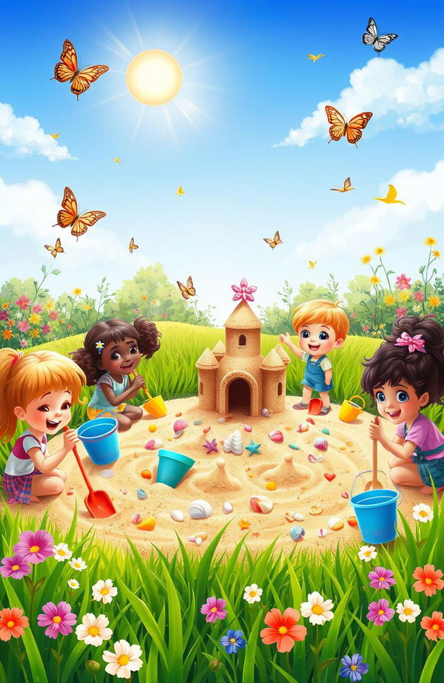 A whimsical scene of children building sandcastles in a vibrant, sunny garden