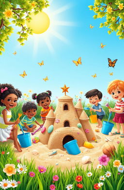 A whimsical scene of children building sandcastles in a vibrant, sunny garden