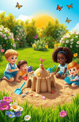 A whimsical scene of children building sandcastles in a vibrant, sunny garden