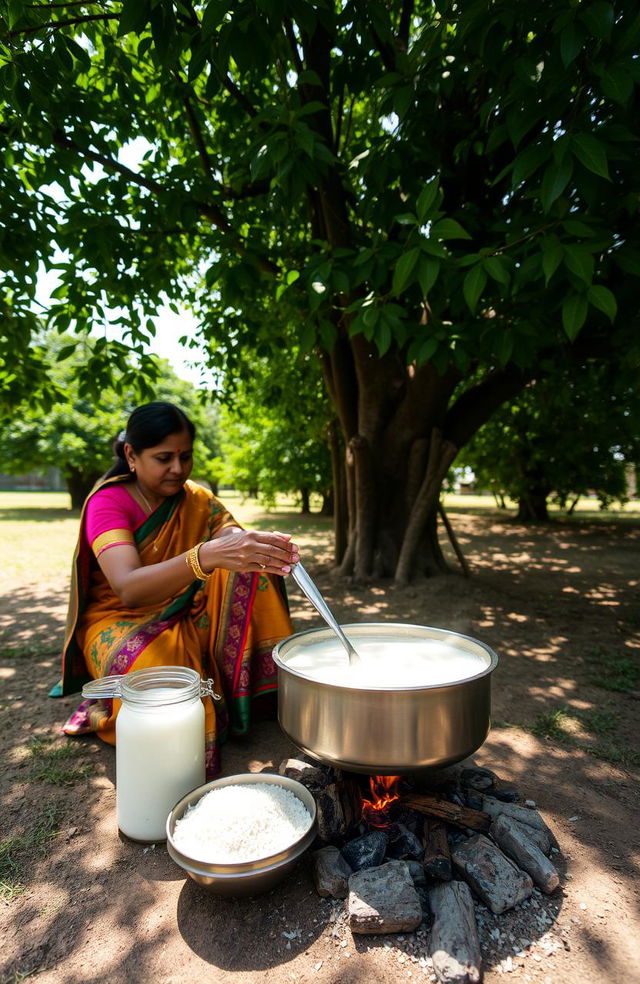 A serene scene featuring a woman cooking kheer, a traditional Indian rice pudding, under a lush green tree