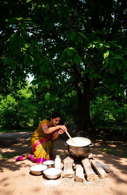 A serene scene featuring a woman cooking kheer, a traditional Indian rice pudding, under a lush green tree