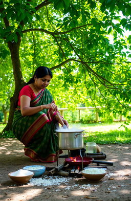 A serene scene featuring a woman cooking kheer, a traditional Indian rice pudding, under a lush green tree