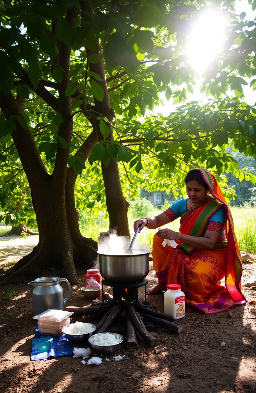 A serene scene featuring a woman cooking kheer, a traditional Indian rice pudding, under a lush green tree