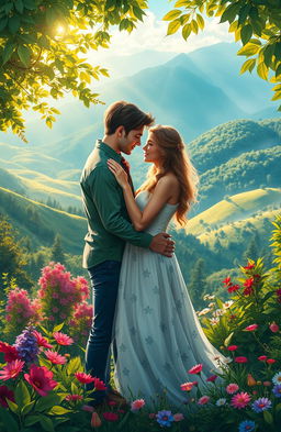 A digital painting of two lovers embracing in a lush green mountain scenery