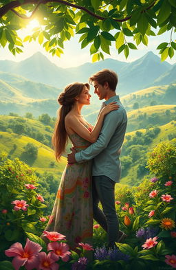 A digital painting of two lovers embracing in a lush green mountain scenery