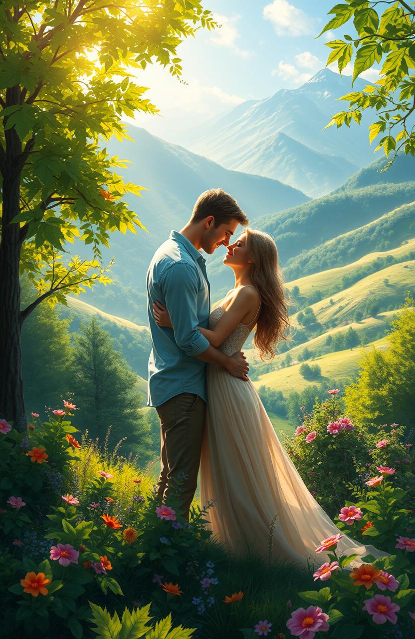 A digital painting of two lovers embracing in a lush green mountain scenery