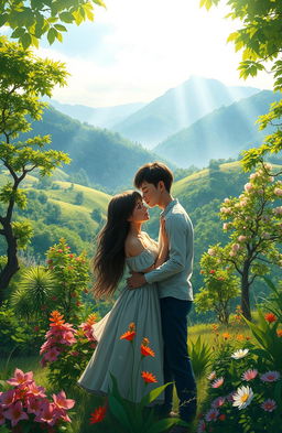 A digital painting of two lovers embracing in a lush green mountain scenery