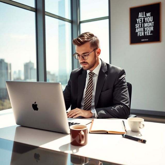 A professional employee in a modern office setting, wearing a tailored suit and tie, sitting at a sleek desk with a laptop open