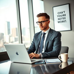 A professional employee in a modern office setting, wearing a tailored suit and tie, sitting at a sleek desk with a laptop open