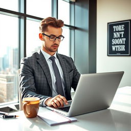 A professional employee in a modern office setting, wearing a tailored suit and tie, sitting at a sleek desk with a laptop open