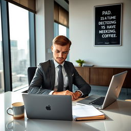 A professional employee in a modern office setting, wearing a tailored suit and tie, sitting at a sleek desk with a laptop open