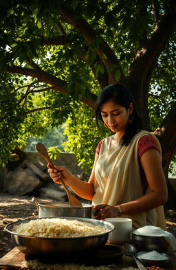 A scene of a woman cooking kheer, a traditional Indian rice pudding, under a large, expansive tree with lush green foliage