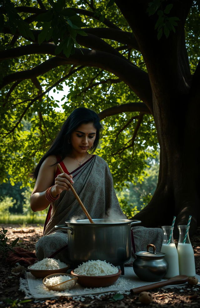 A scene of a woman cooking kheer, a traditional Indian rice pudding, under a large, expansive tree with lush green foliage