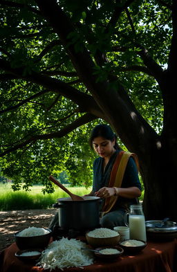 A scene of a woman cooking kheer, a traditional Indian rice pudding, under a large, expansive tree with lush green foliage