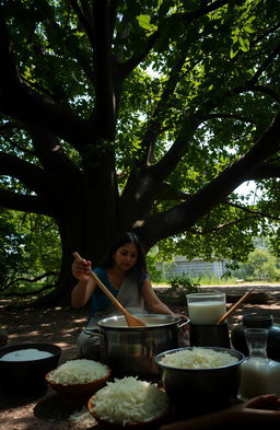 A scene of a woman cooking kheer, a traditional Indian rice pudding, under a large, expansive tree with lush green foliage