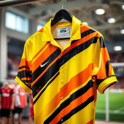 A close-up view of a football shirt featuring a vibrant design in yellow, orange, and black