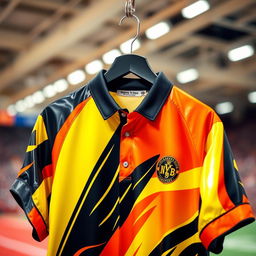 A close-up view of a football shirt featuring a vibrant design in yellow, orange, and black