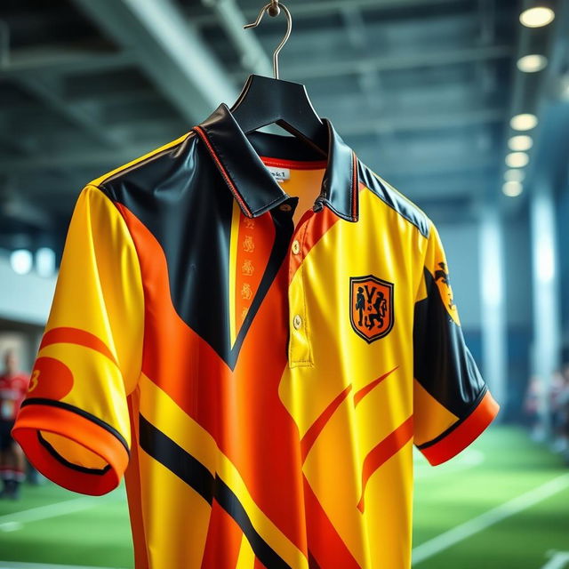 A close-up view of a football shirt featuring a vibrant design in yellow, orange, and black