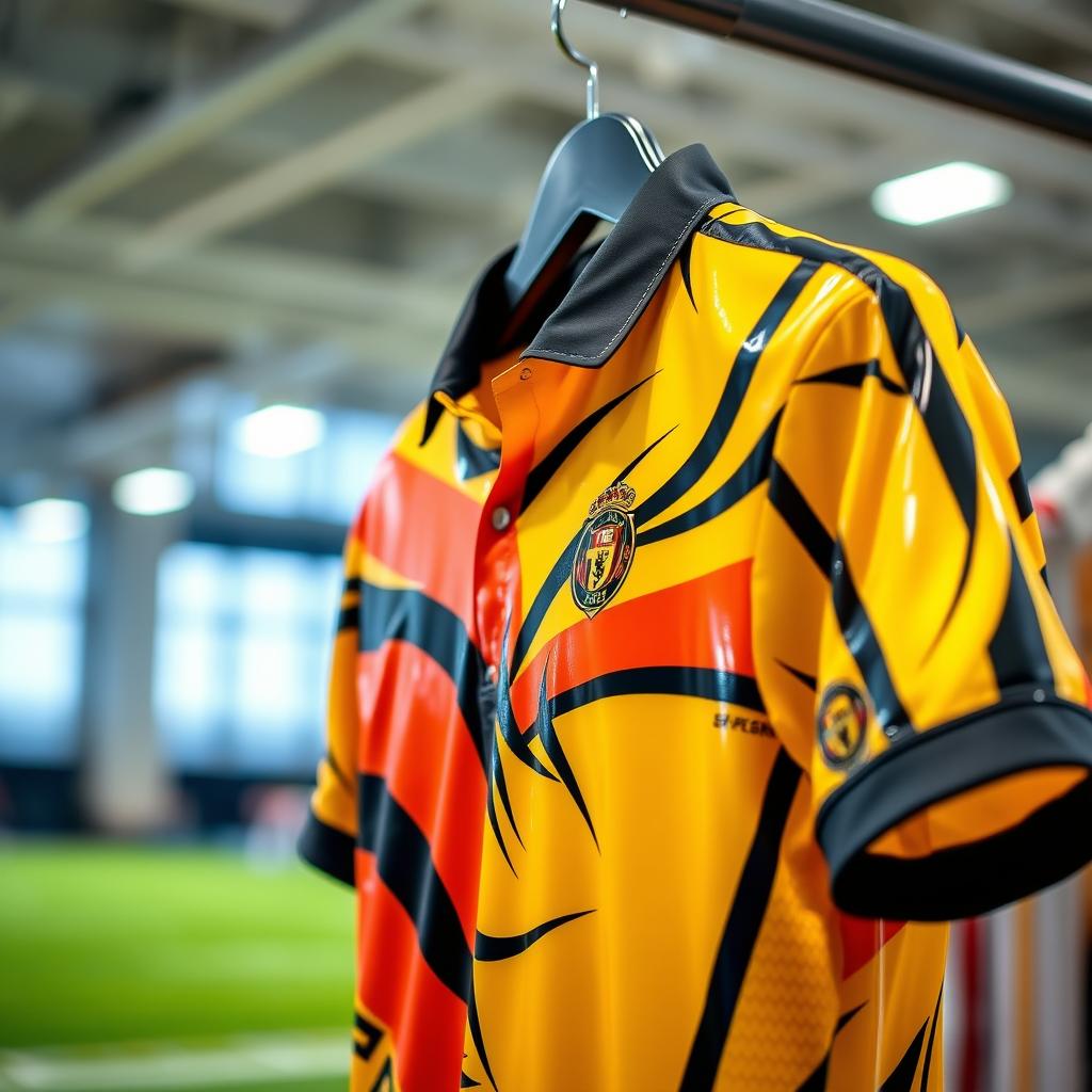 A close-up view of a football shirt featuring a vibrant design in yellow, orange, and black