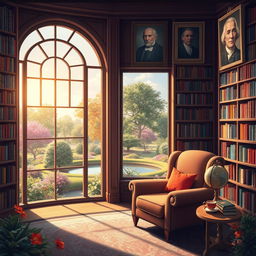 A serene and peaceful landscape illustrating the concept of knowledge, featuring a vast library with towering bookshelves filled with colorful books