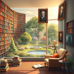 A serene and peaceful landscape illustrating the concept of knowledge, featuring a vast library with towering bookshelves filled with colorful books